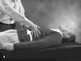 5. La personne étant
maintenant couchée sur le dos, suivez les canaux nerveux jusque sur le devant
de son corps, puis repartez dans le sens inverse.